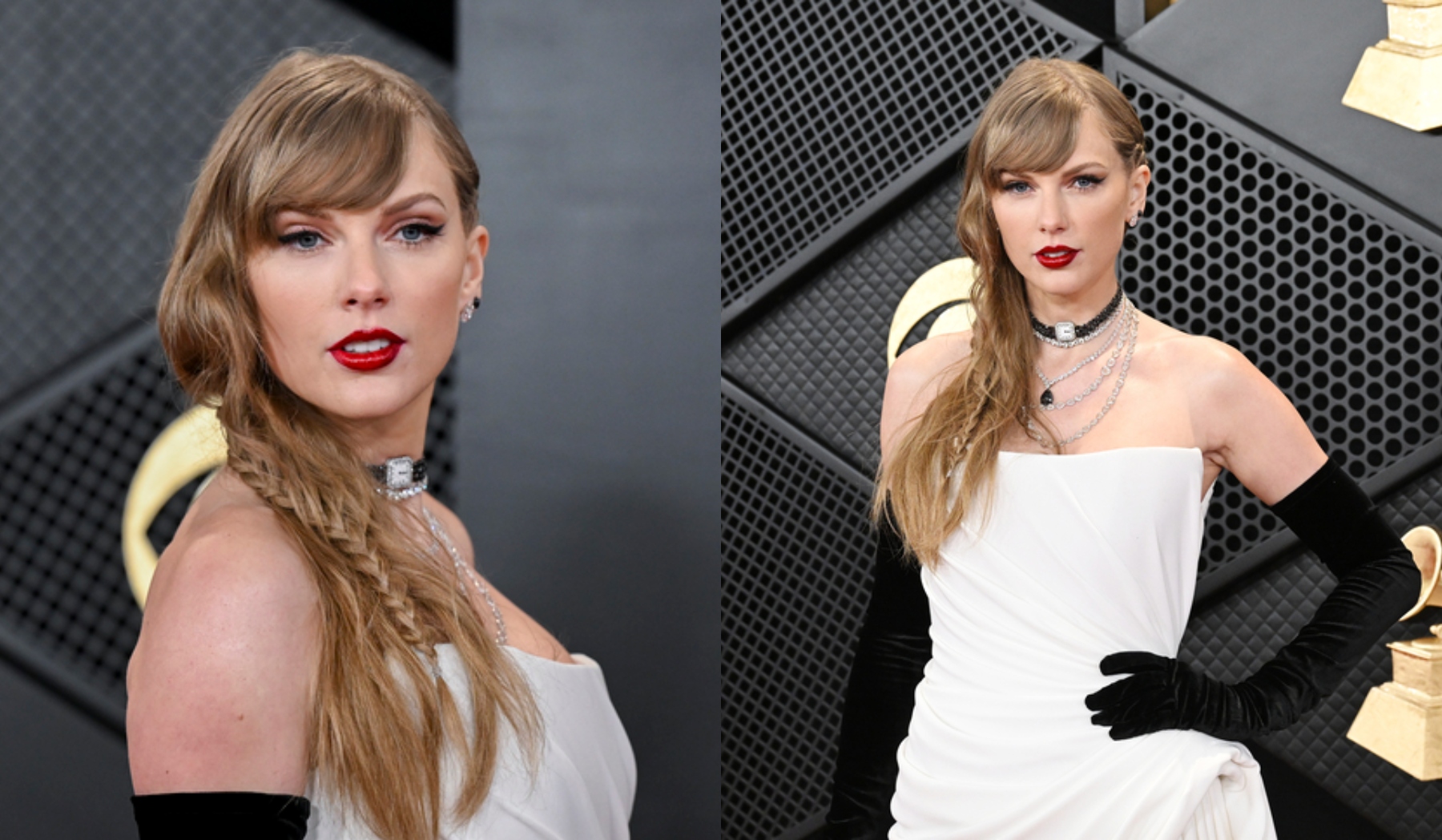 taylor swift wore a white schiaparelli gown to the grammys.