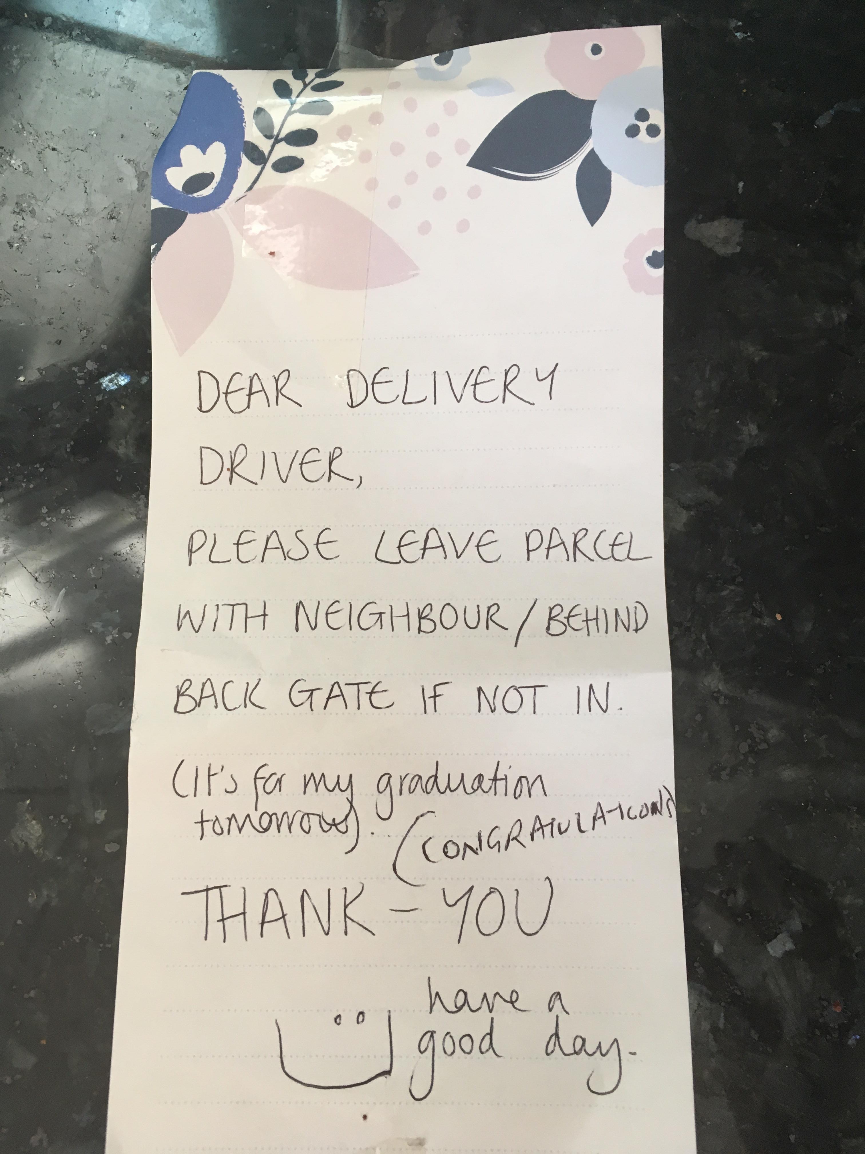 a note from the delivery guy